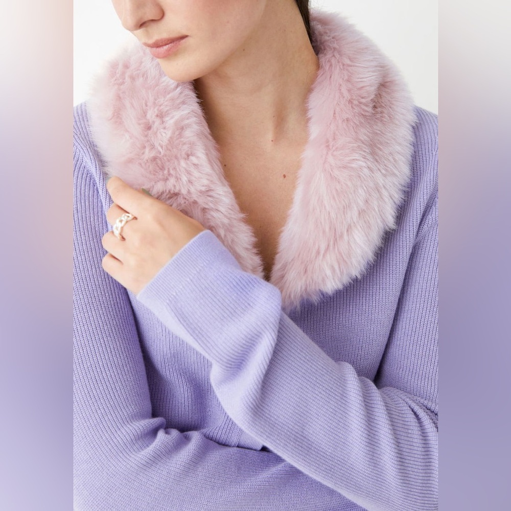 & Other Stories Lavender Faux-Fur Collar Knit Fitted Cardigan Sweater